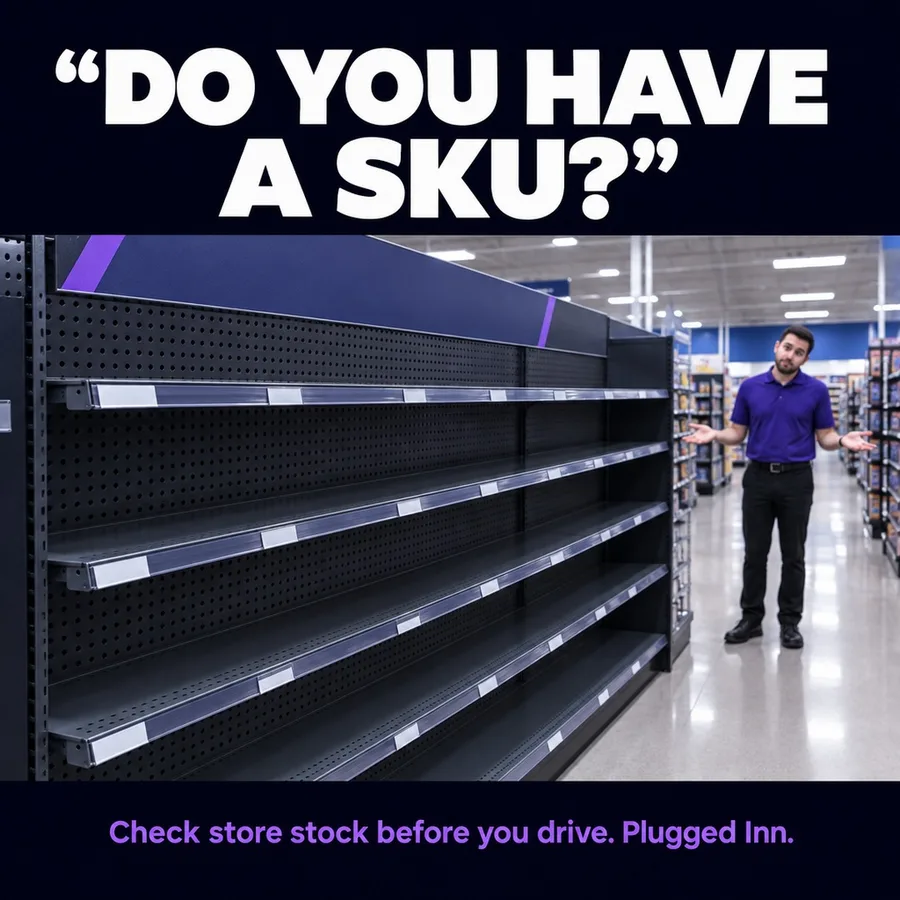An empty store shelf and a shrugging employee. Text: Do you have a SKU? Check store stock before you drive.